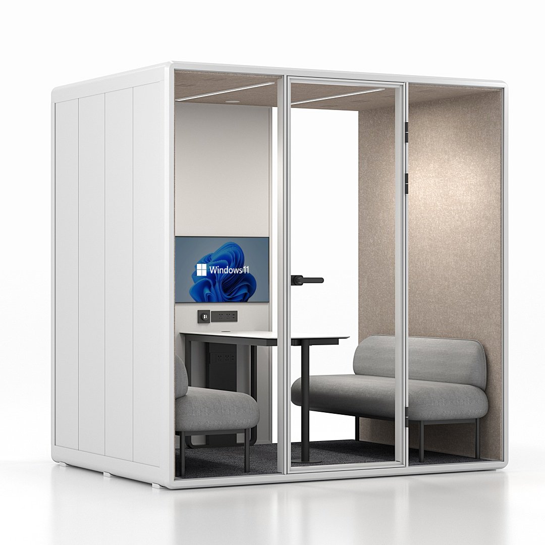 Fortress L four-person conference pod in white with tan interior