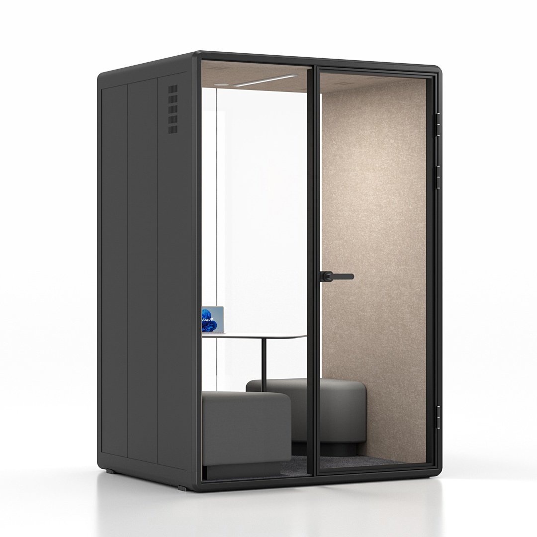 Fortress M two-person meeting pod in black with tan interior