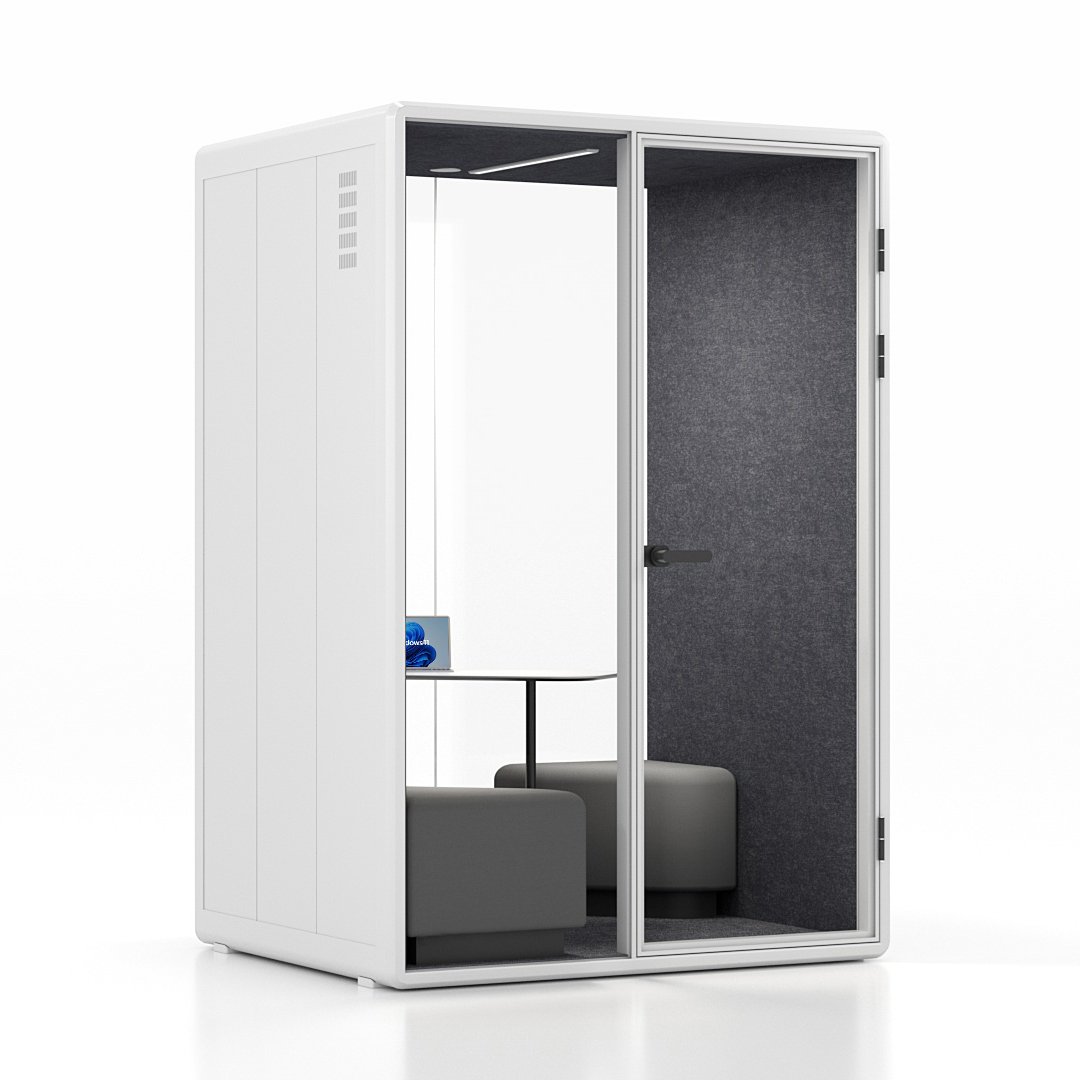 Fortress M two-person meeting pod in white with grey interior