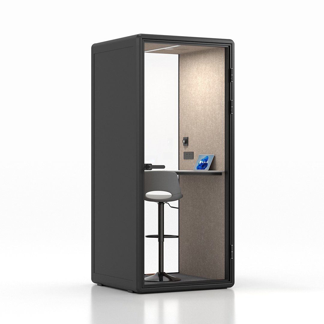 Fortress S solo soundproof pod in black with tan interior