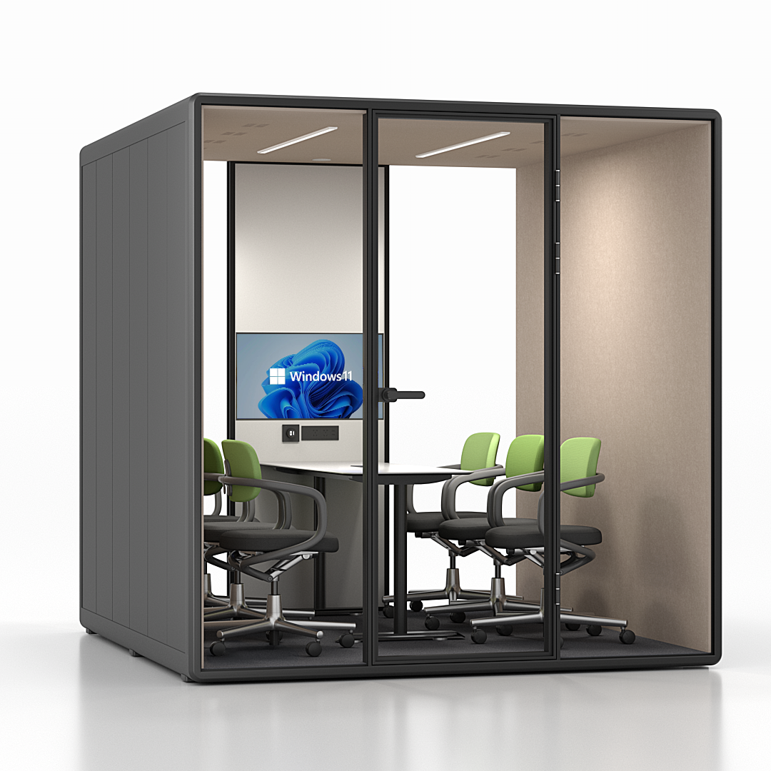 Fortress XL six-person boardroom pod in black with tan interior